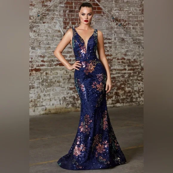 Cinderella Divine 14 Blue Iridescent Floral Sequin Full Length Gown Style J797 - Picture 2 of 9